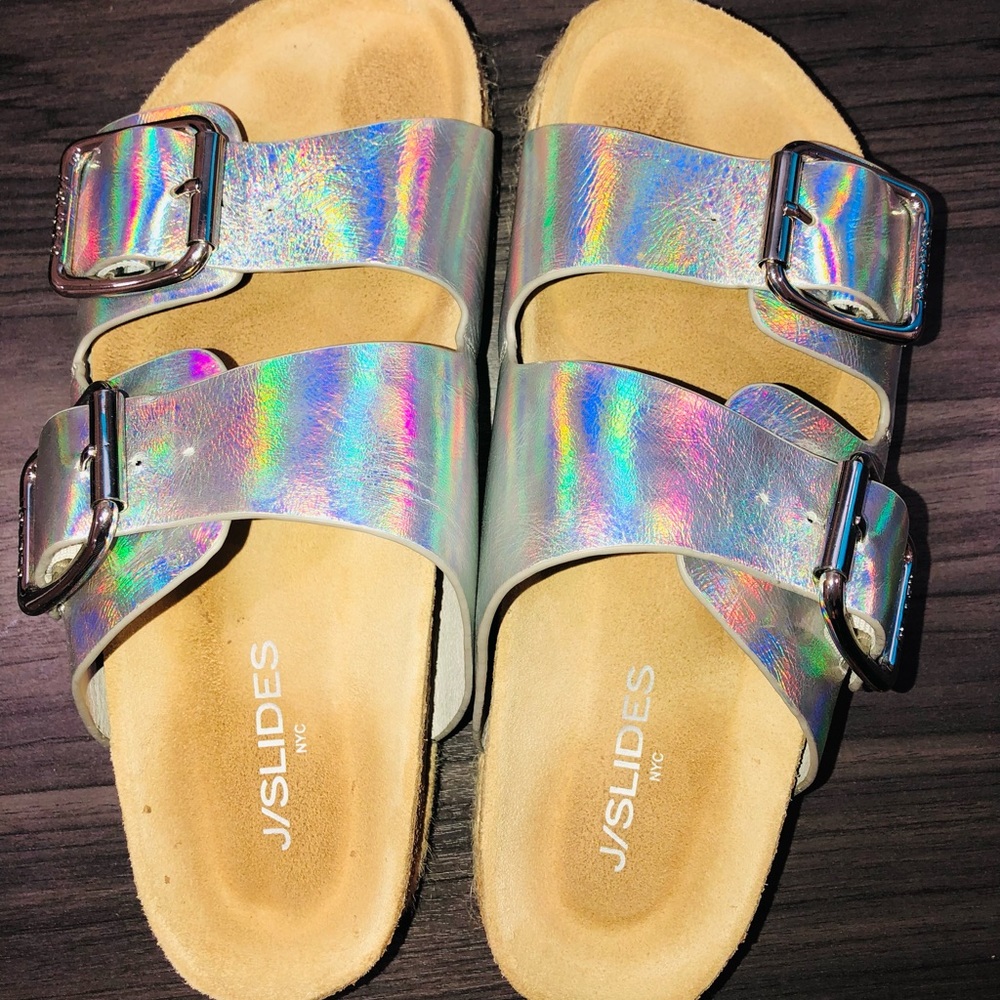 Holographic Birkenstock-style Platform Slides